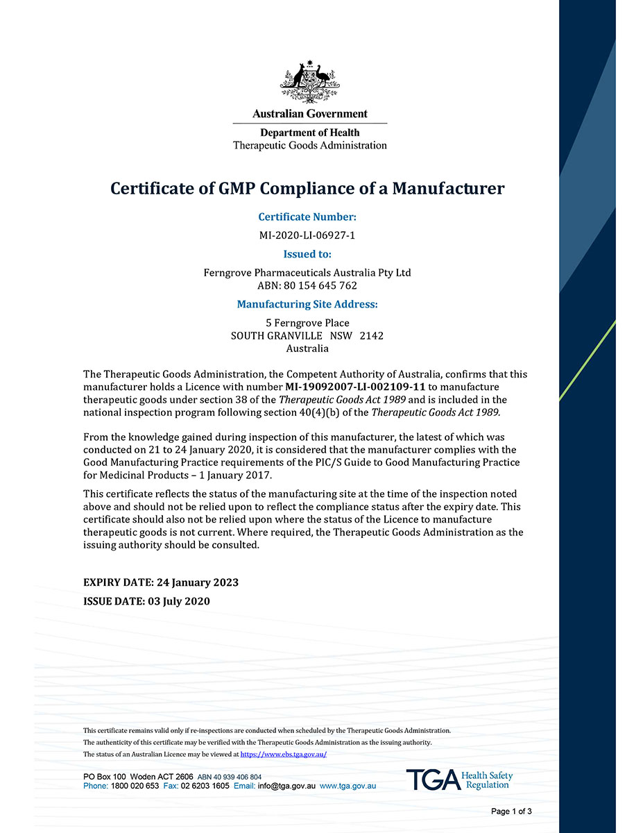 GMP certificate - Ferngrove Pharmaceuticals Australia Pty Ltd - MI-2020-LI-06927-1