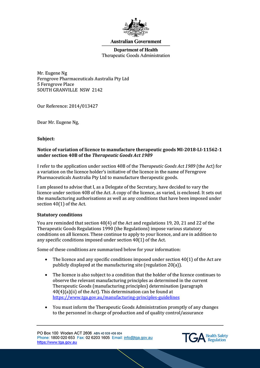 GMP licence - Ferngrove Pharmaceuticals Australia Pty Ltd - MI-2018-LI-11562-1 - authorised on 20 May 2020